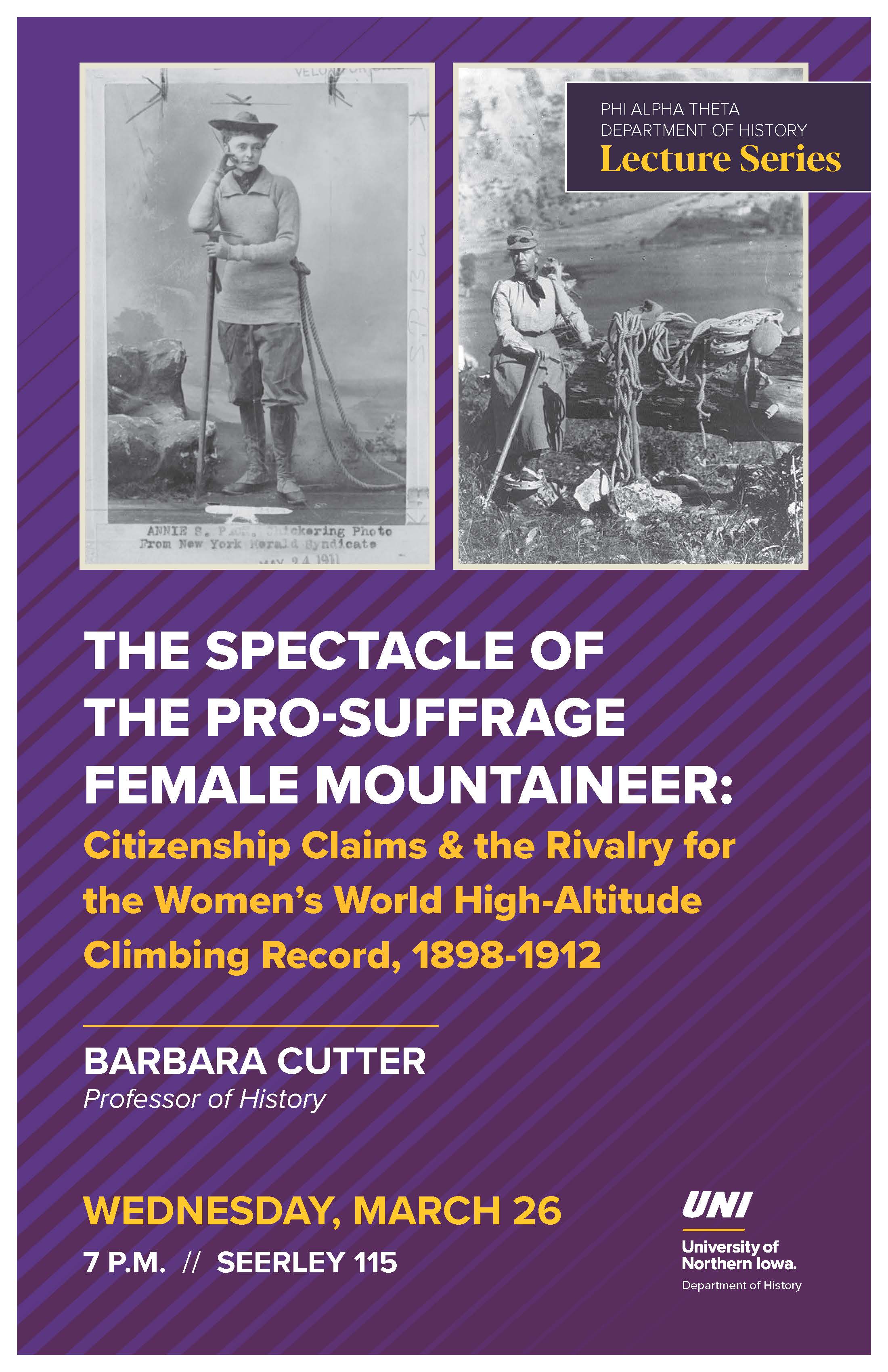 Poster depicting Female Mountaineers, Miss Annie S. Peck and Fanny Bullock Workman with their climbing equipment.