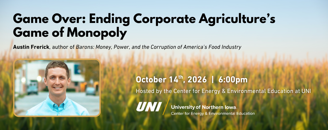 Event title with a field of corn in the background and an image of Austin Frerick facing forward with a smile, wearing a light blue button up shirt.