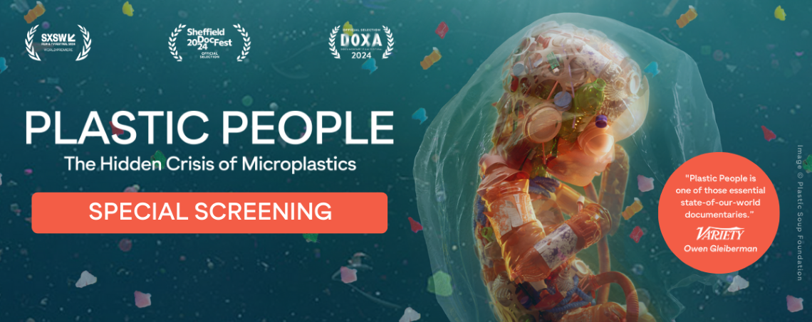 Plastic People film title with blue ocean background with a fetus made of plastic pieces