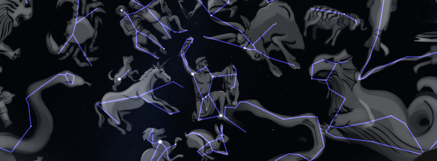 Image of constellations including stick figures and artwork.