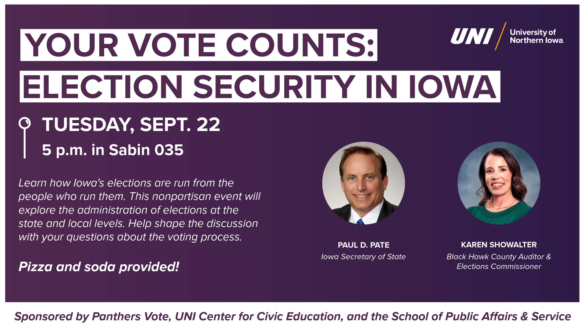 The image shows details of Your Vote Counts: Election Security in Iowa, with pictures of the Iowa Secretary of State, Paul Pate, and Black Hawk County Auditor and Elections Coordinator Karen Showalter