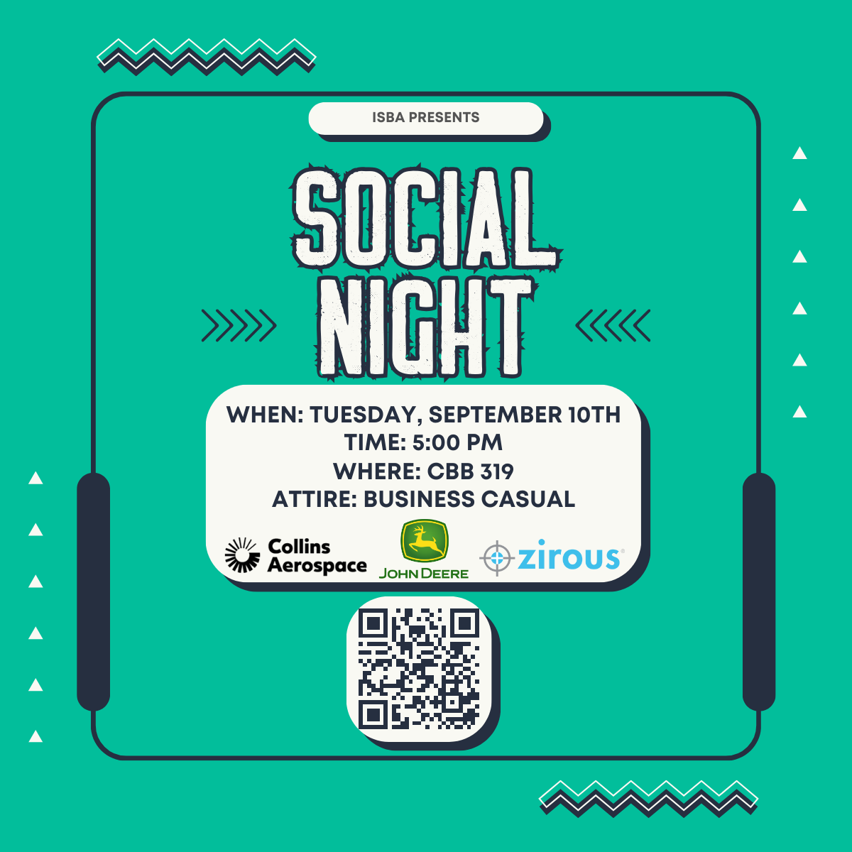 Attention ISBA! Join us on September 10 at 5:00 p.m. for a social event with Collins Aerospace, John Deere, and Zirous! We've got a lineup of exciting activities that promise a great time! We'll see you all there!