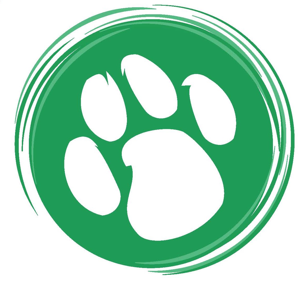 Its a white background with a green circle in the middle. In the middle of the green circle is a pawprint. 